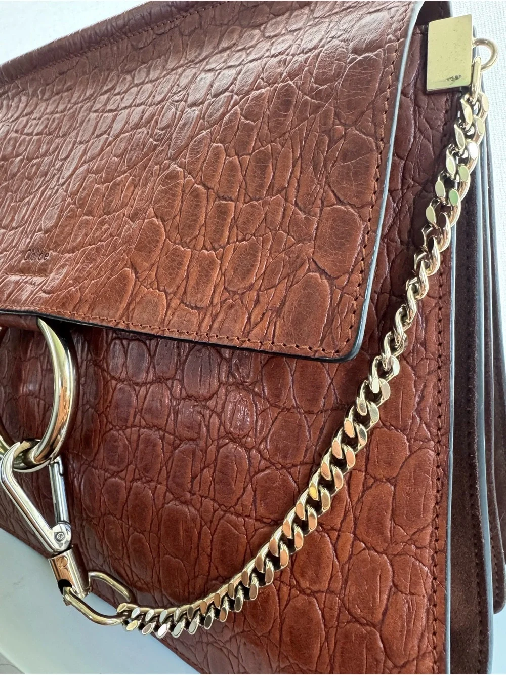 Authentic Chloé Large Faye Brown Croc Embossed Leather Shoulder Bag